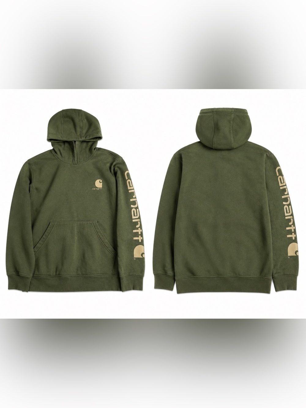 Carhartt Olive Green Hoodie with Tan Sleeve Logo